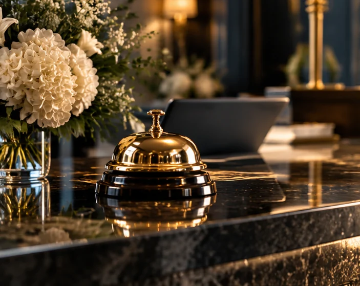 Comptoir de conciergerie élégant avec sonnette dorée et fleurs