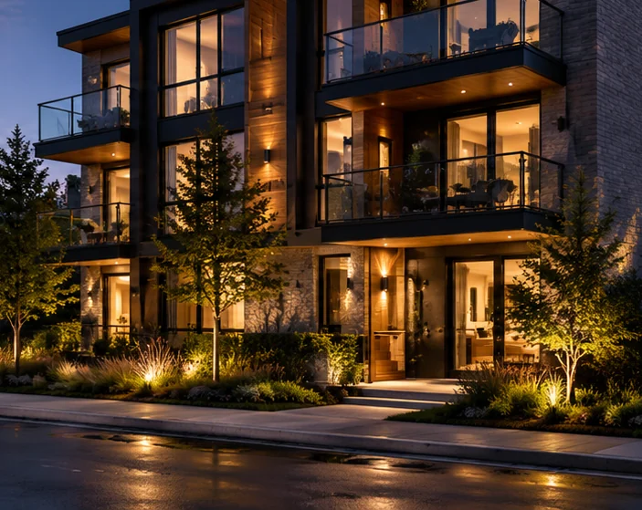 Immeuble résidentiel contemporain illuminé en soirée